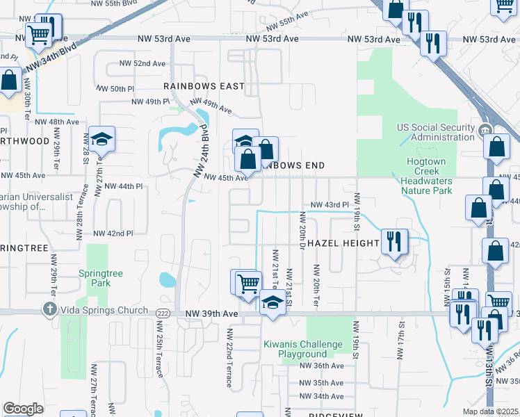 map of restaurants, bars, coffee shops, grocery stores, and more near 2141 Northwest 43rd Place in Gainesville