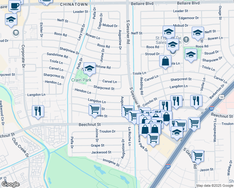 map of restaurants, bars, coffee shops, grocery stores, and more near 8814 Hendon Lane in Houston