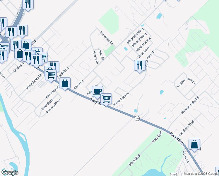 map of restaurants, bars, coffee shops, grocery stores, and more near 254 Rosalie Drive in New Braunfels