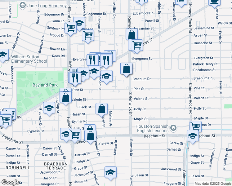 map of restaurants, bars, coffee shops, grocery stores, and more near 5531 Pine Street in Houston