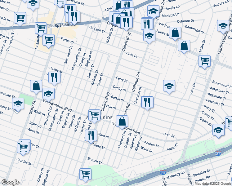 map of restaurants, bars, coffee shops, grocery stores, and more near 6417 London Street in Houston