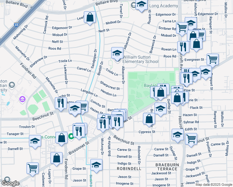map of restaurants, bars, coffee shops, grocery stores, and more near 6722 Hendon Lane in Houston
