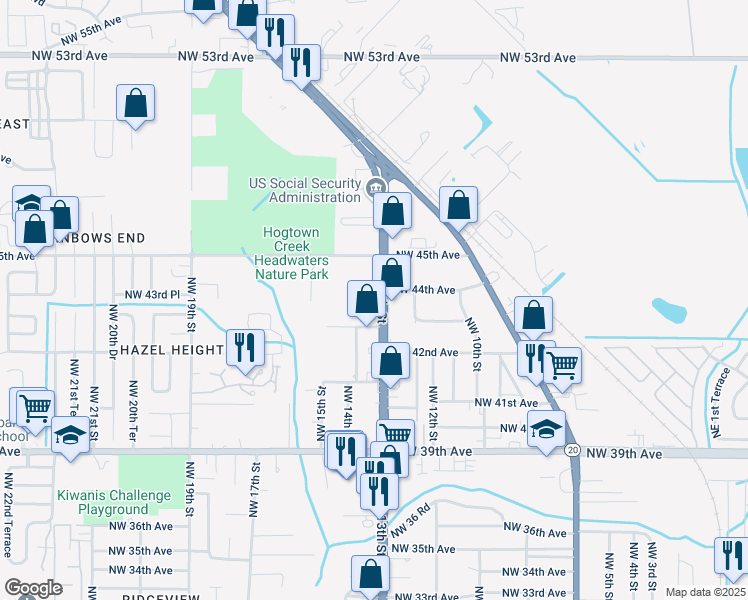 map of restaurants, bars, coffee shops, grocery stores, and more near 4307 NW 13th St in Gainesville