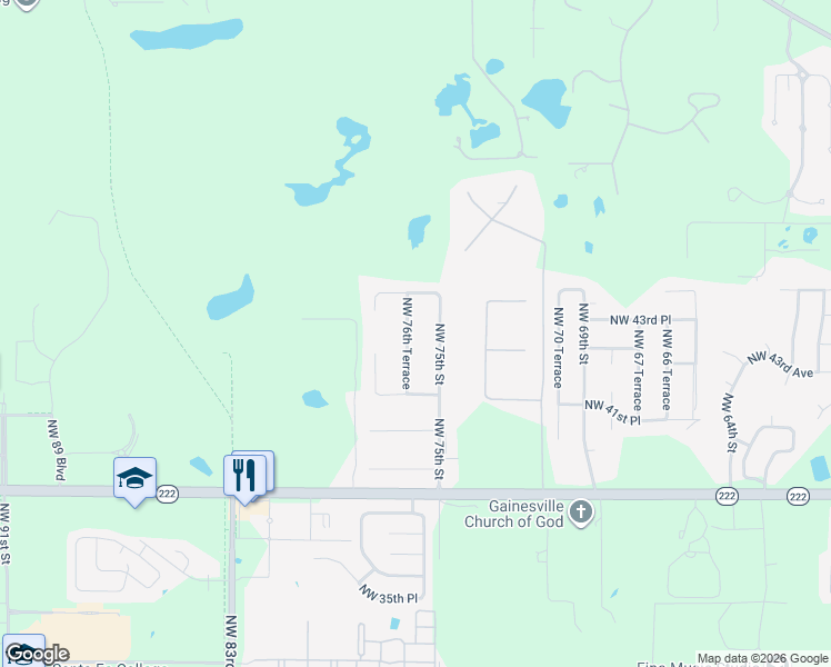 map of restaurants, bars, coffee shops, grocery stores, and more near 4317 Northwest 76th Terrace in Gainesville