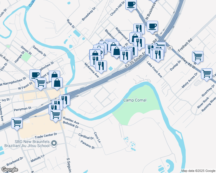 map of restaurants, bars, coffee shops, grocery stores, and more near 241 Seville Drive in New Braunfels