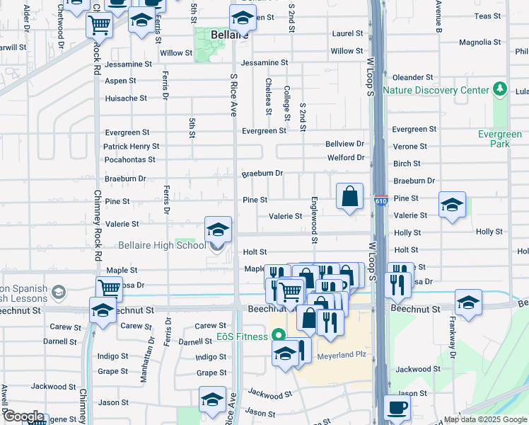 map of restaurants, bars, coffee shops, grocery stores, and more near 4928 Valerie Street in Bellaire