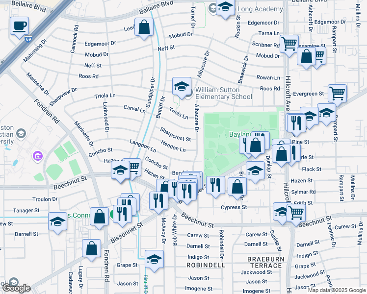 map of restaurants, bars, coffee shops, grocery stores, and more near 6722 Hendon Lane in Houston