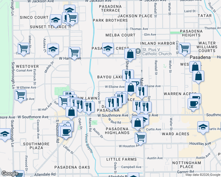 map of restaurants, bars, coffee shops, grocery stores, and more near 304 West Hart Avenue in Pasadena