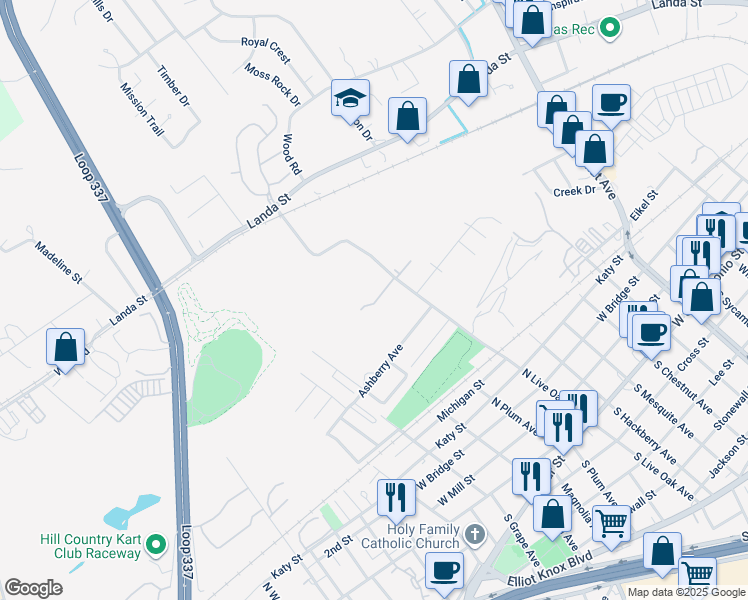 map of restaurants, bars, coffee shops, grocery stores, and more near 727 North Live Oak Avenue in New Braunfels