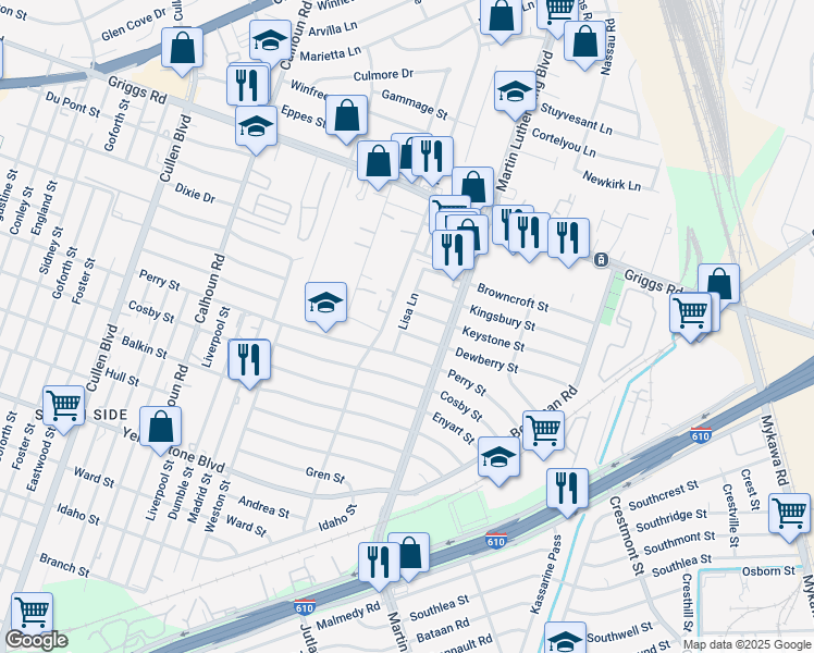 map of restaurants, bars, coffee shops, grocery stores, and more near 5103 Dewberry Street in Houston