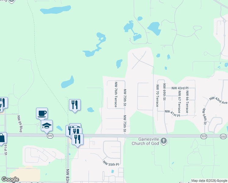 map of restaurants, bars, coffee shops, grocery stores, and more near 4317 Northwest 76th Terrace in Gainesville