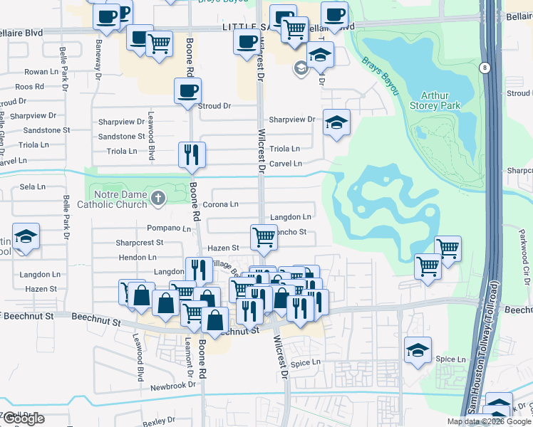 map of restaurants, bars, coffee shops, grocery stores, and more near 10834 Langdon Lane in Houston