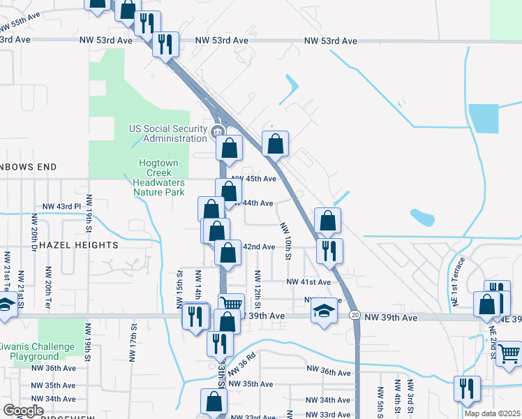 map of restaurants, bars, coffee shops, grocery stores, and more near 1105 Northwest 44th Avenue in Gainesville