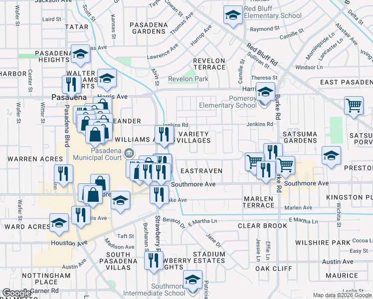 map of restaurants, bars, coffee shops, grocery stores, and more near 1501 Easthaven Drive in Pasadena