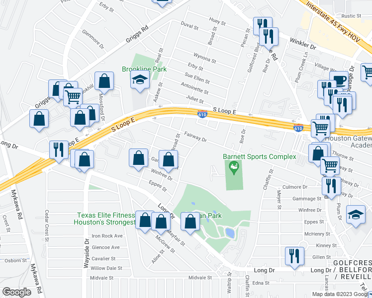 map of restaurants, bars, coffee shops, grocery stores, and more near 6511 Culmore Drive in Houston