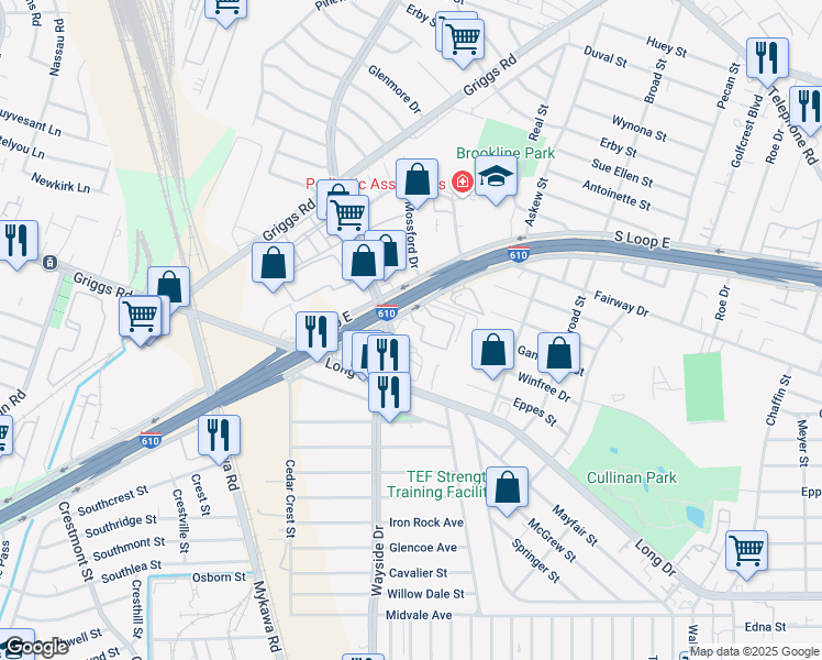 map of restaurants, bars, coffee shops, grocery stores, and more near 6156 South Loop East Freeway in Houston