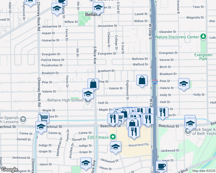map of restaurants, bars, coffee shops, grocery stores, and more near 4928 Valerie Street in Bellaire