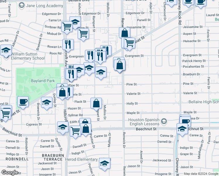 map of restaurants, bars, coffee shops, grocery stores, and more near 5531 Pine Street in Houston