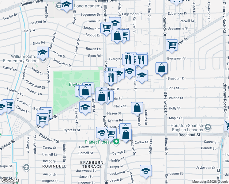 map of restaurants, bars, coffee shops, grocery stores, and more near 5661 Pine Street in Houston