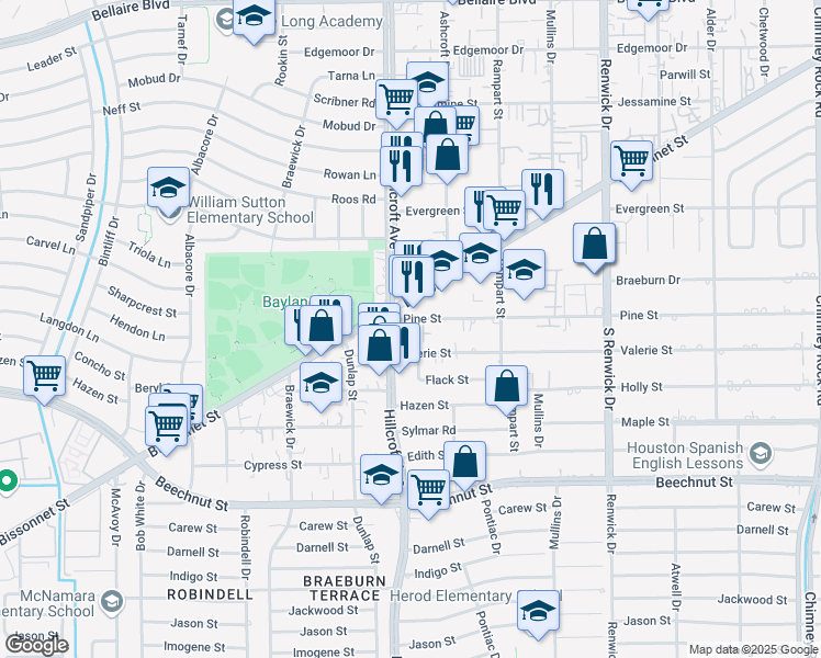 map of restaurants, bars, coffee shops, grocery stores, and more near 5661 Pine Street in Houston