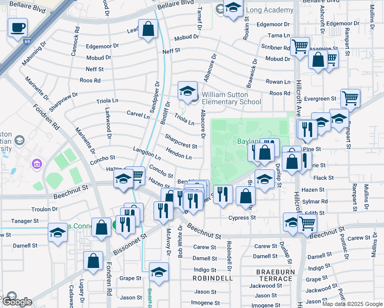 map of restaurants, bars, coffee shops, grocery stores, and more near 6722 Hendon Lane in Houston