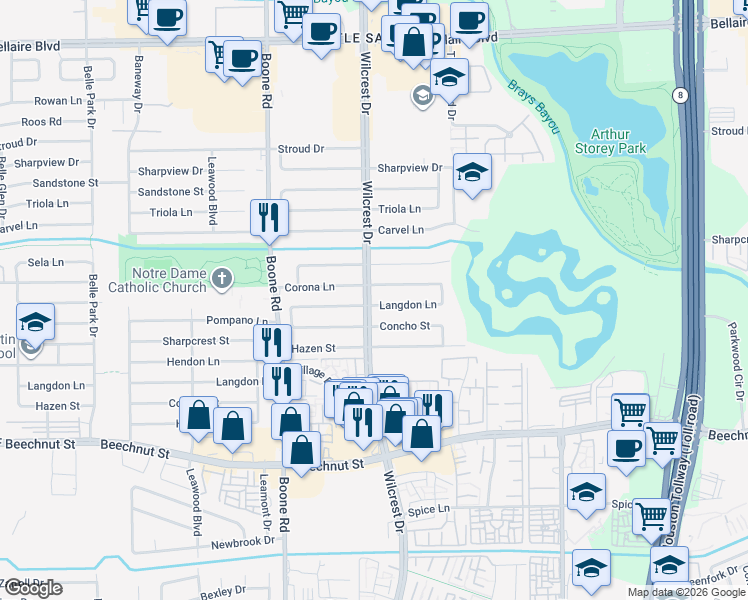 map of restaurants, bars, coffee shops, grocery stores, and more near 10834 Langdon Lane in Houston