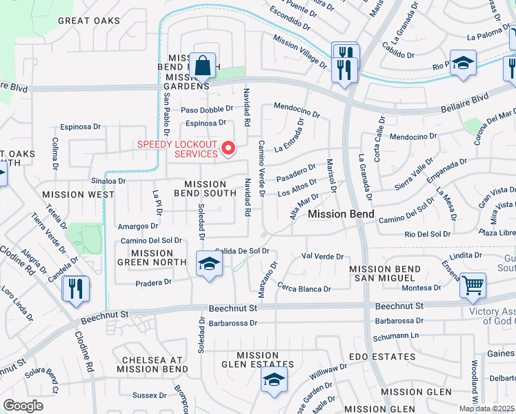 map of restaurants, bars, coffee shops, grocery stores, and more near 7402 Camino Verde Drive in Houston
