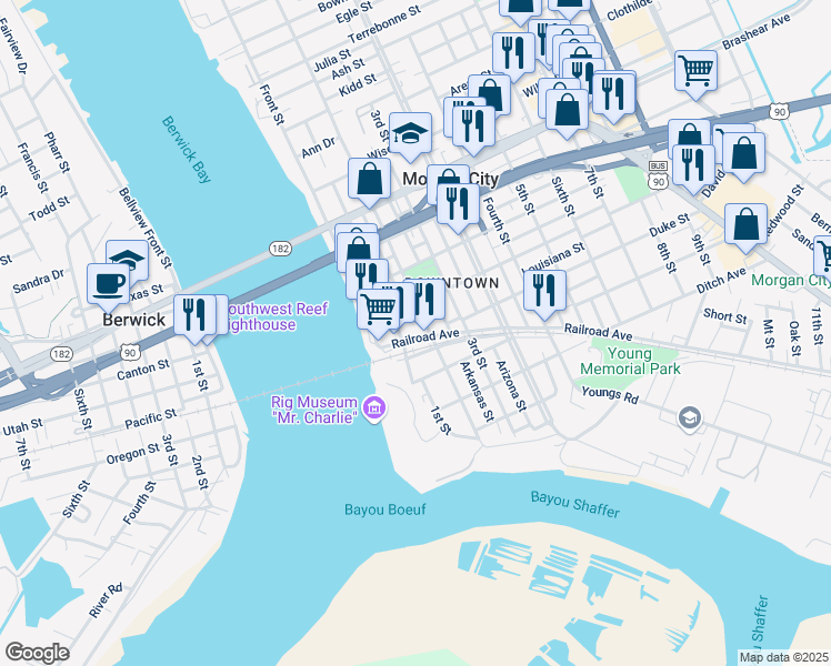 map of restaurants, bars, coffee shops, grocery stores, and more near 221 South Railroad Avenue in Morgan City