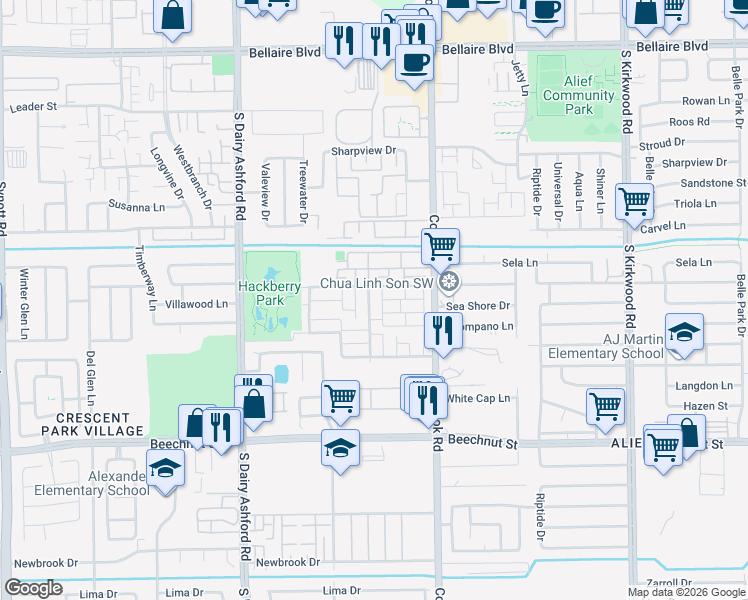 map of restaurants, bars, coffee shops, grocery stores, and more near 12337 Springcrest Drive in Houston