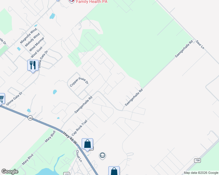 map of restaurants, bars, coffee shops, grocery stores, and more near 492 Long Leaf Drive in New Braunfels