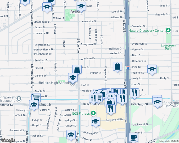 map of restaurants, bars, coffee shops, grocery stores, and more near 4926 Valerie Street in Bellaire