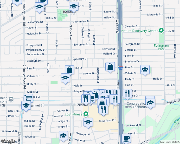map of restaurants, bars, coffee shops, grocery stores, and more near 4912 Valerie St in Bellaire