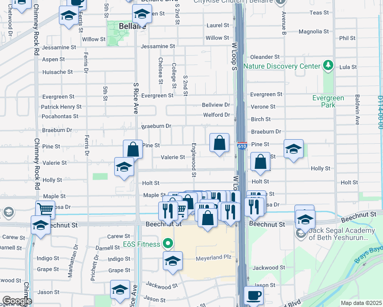 map of restaurants, bars, coffee shops, grocery stores, and more near 4900 Valerie Street in Bellaire