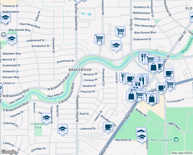 map of restaurants, bars, coffee shops, grocery stores, and more near 3018 Conway Street in Houston