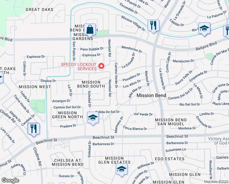 map of restaurants, bars, coffee shops, grocery stores, and more near 7402 Camino Verde Drive in Houston