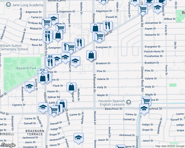 map of restaurants, bars, coffee shops, grocery stores, and more near 5505 Pine Street in Houston