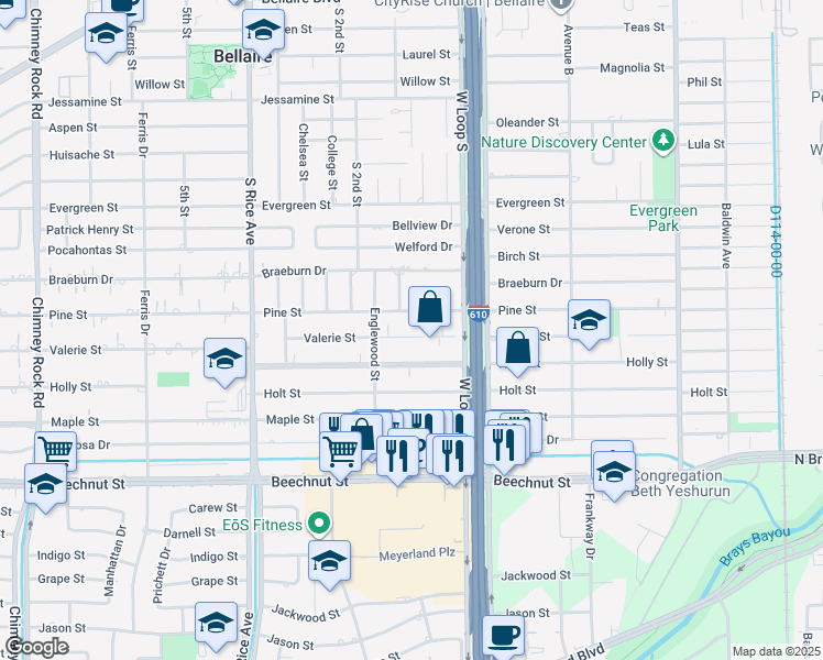map of restaurants, bars, coffee shops, grocery stores, and more near 4802 Valerie St in Bellaire