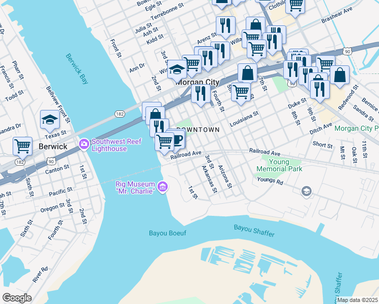 map of restaurants, bars, coffee shops, grocery stores, and more near 221 South Railroad Avenue in Morgan City