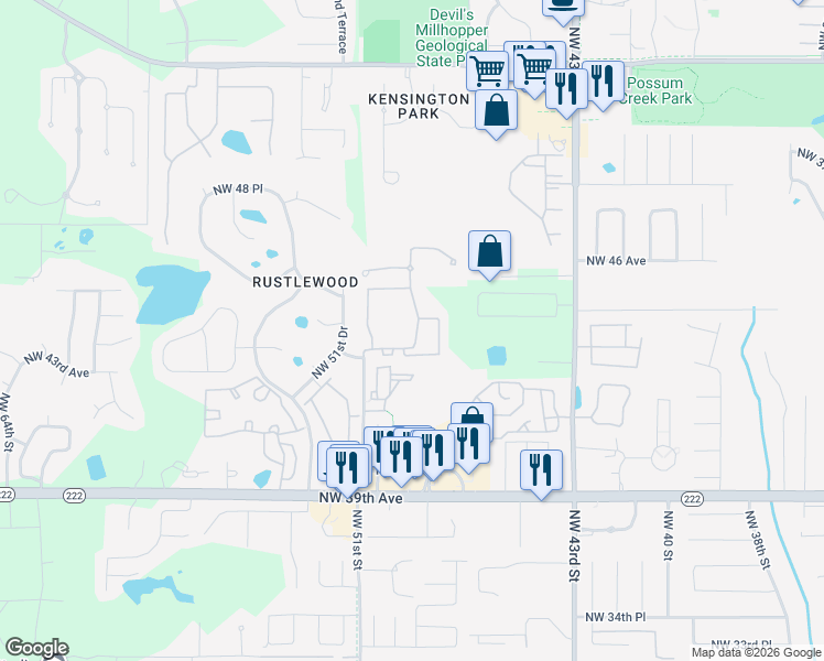 map of restaurants, bars, coffee shops, grocery stores, and more near 4352 Northwest 49th Street in Gainesville
