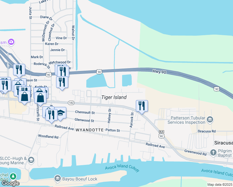 map of restaurants, bars, coffee shops, grocery stores, and more near 7100 Park Road in Morgan City