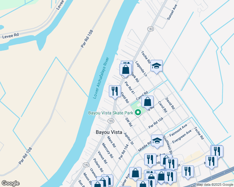 map of restaurants, bars, coffee shops, grocery stores, and more near 1842 Louisiana 182 in Morgan City