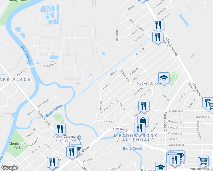 map of restaurants, bars, coffee shops, grocery stores, and more near 3231 Rosa Allen Street in Houston