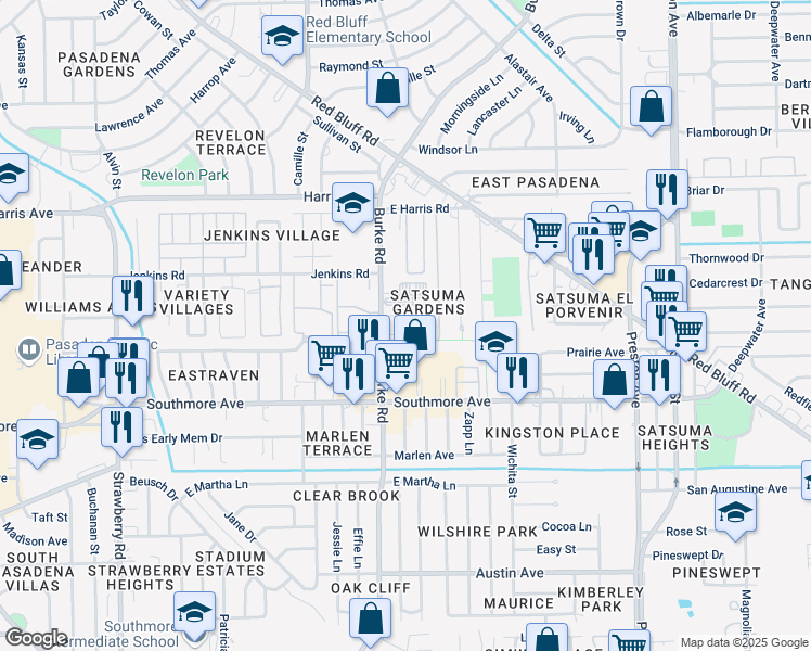 map of restaurants, bars, coffee shops, grocery stores, and more near 1111 Burke Road in Pasadena