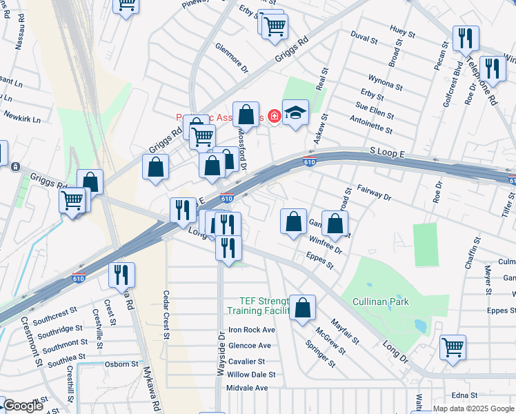 map of restaurants, bars, coffee shops, grocery stores, and more near 6156 South Loop East Freeway in Houston