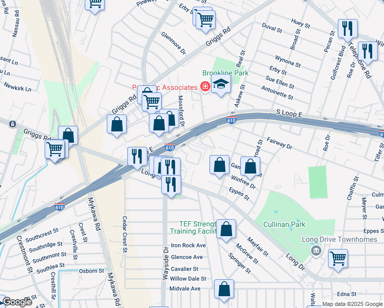 map of restaurants, bars, coffee shops, grocery stores, and more near 6156 South Loop East Freeway in Houston