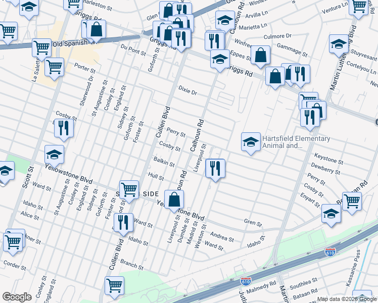 map of restaurants, bars, coffee shops, grocery stores, and more near 6409 Paris Street in Houston