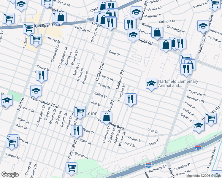 map of restaurants, bars, coffee shops, grocery stores, and more near 6409 Paris Street in Houston