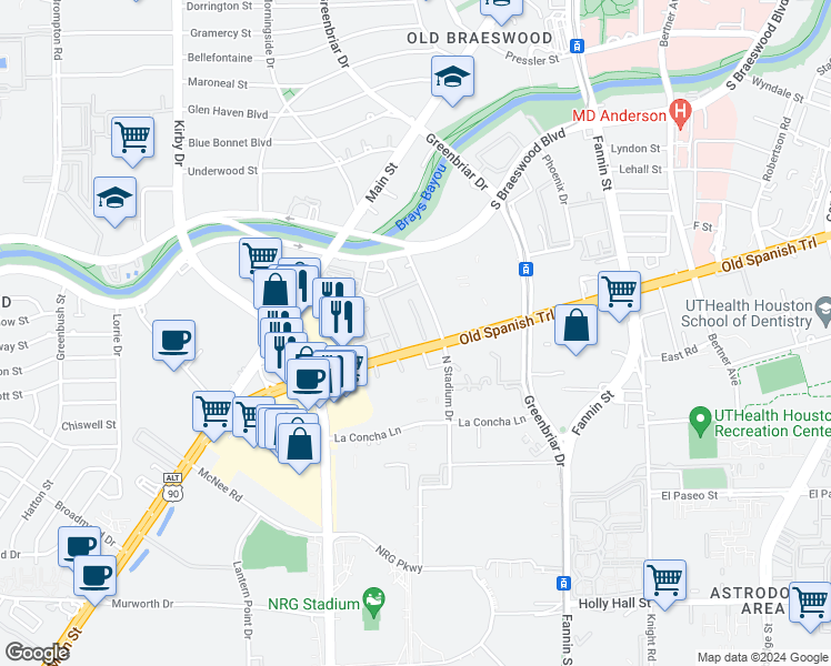 map of restaurants, bars, coffee shops, grocery stores, and more near 7950 North Stadium Drive in Houston
