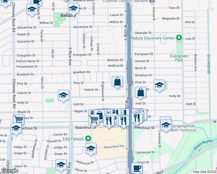 map of restaurants, bars, coffee shops, grocery stores, and more near 4802 Valerie Street in Bellaire