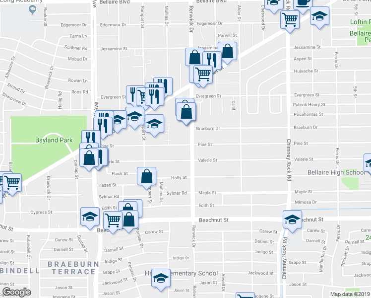 map of restaurants, bars, coffee shops, grocery stores, and more near 5504 Valerie Street in Houston